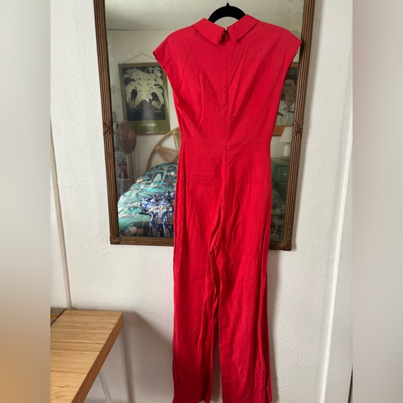 MNG Red Deep V Neck Wide Leg Jumpsuit - Picture 6 of 10